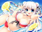  :d animal_ears bear_ears bikini blue_eyes blush breasts cleavage fang food fruit hair_ornament hair_ribbon jewelry large_breasts lemon lemon_slice long_hair looking_at_viewer necklace open_mouth original pose reaching ribbon sasai_saji silver_hair smile solo swimsuit two_side_up v 