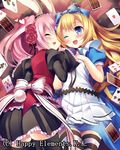  :3 ;d alice_(wonderland) alice_in_wonderland amamine animal_ears bad_id bad_pixiv_id black_legwear blonde_hair blue_eyes bow bunny_ears bunny_tail card closed_eyes flower hair_bow hair_flower hair_ornament hair_ribbon hairband lolita_hairband long_hair majoca_majoluna multiple_girls one_eye_closed open_mouth pink_hair playing_card ribbon rose smile striped striped_legwear tail tears thighhighs white_rabbit zettai_ryouiki 