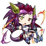  :o armor bare_shoulders black_gloves blush bodysuit boots chibi dragon_girl dragon_horns dragon_tail dragon_wings elbow_gloves fingerless_gloves garter_straps gloves head_fins heterochromia holding horns long_hair lowres nyagakiya open_mouth purple_eyes purple_hair purple_wings puzzle_&amp;_dragons simple_background solo sonia_(p&amp;d) spikes staff tail thigh_boots thighhighs v-shaped_eyebrows white_background wings yellow_eyes 