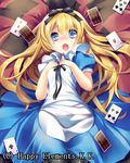  :o alice_(wonderland) alice_in_wonderland amamine bad_id bad_pixiv_id blonde_hair blue_eyes blush bow card hair_bow hair_ornament hair_ribbon long_hair looking_at_viewer lying majoca_majoluna official_art open_mouth playing_card ribbon solo wavy_mouth 