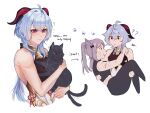  2girls ? ?? absurdres ahoge animal arrow_(symbol) bare_arms bare_shoulders black_cat black_pants blue_hair bodystocking carrying cat commentary cone_hair_bun ganyu_(genshin_impact) genshin_impact hair_bun highres holding holding_animal holding_cat horns keqing_(genshin_impact) leggings long_hair luft_(luft_sch) multiple_girls multiple_views pants parted_lips princess_carry purple_hair simple_background smile upper_body very_long_hair white_background 