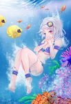  air_bubble anklet arm_garter artist_request bad_anatomy barefoot bikini blue_eyes blush bow breasts bubble cleavage coral coral_reef eyepatch fish flower garters heterochromia highres holding_breath iri_flina jewelry medium_breasts navel ocean red_eyes ribbon rose short_hair side-tie_bikini silver_hair solo swimming swimsuit sword_girls underwater underwear water 