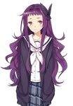  3: blush bow cardigan hair_bow hair_intakes hanayamata hands_in_pockets hao_(patinnko) long_hair looking_at_viewer open_cardigan open_clothes plaid plaid_skirt purple_eyes purple_hair sailor_collar sasame_yaya school_uniform skirt solo transparent_background wavy_hair 