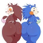 &lt;3 animal_crossing anthro apron apron_only big_butt blush butt clothing duo eulipotyphlan female half-closed_eyes hedgehog hi_res huge_butt jinu looking_back mabel_able mammal narrowed_eyes nintendo sable_able sibling_(lore) simple_background sister_(lore) sisters_(lore)