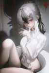  1girl animal_collar bathtub black_hair black_horns blue_archive blush breasts buttons closed_mouth collar collared_shirt demon_horns fingernails grey_hair hair_between_eyes highres horns kangshi kayoko_(blue_archive) long_hair long_sleeves looking_at_viewer medium_breasts multicolored_hair ponytail red_eyes shirt solo tile_wall tiles white_shirt 