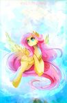  absurd_res cloud cutie_mark equine female fluttershy_(mlp) flying friendship_is_magic fur hair hi_res koveliana long_hair mammal my_little_pony outside pegasus pink_hair smile solo teal_eyes wings yellow_fur 