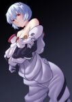  1girl ayanami_rei black_background blue_hair bodysuit breasts expressionless highres interface_headset ka_ki_o neon_genesis_evangelion pilot_suit plugsuit red_eyes short_hair simple_background solo undressing white_bodysuit 