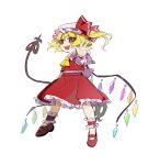  1girl ankle_cuffs blonde_hair chinese_commentary commentary_request flandre_scarlet frilled_shirt_collar frilled_skirt frills full_body hat hat_ribbon highres laevatein_(touhou) mary_janes mob_cap open_mouth phagic red_eyes red_footwear red_ribbon red_skirt red_vest ribbon shirt shoes side_ponytail simple_background skirt smile solo touhou vest white_background white_headwear white_shirt wings 