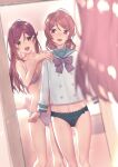  2girls black_panties bra breasts cleavage collarbone commentary_request hair_ornament hairclip long_hair looking_at_mirror love_live! love_live!_school_idol_project love_live!_sunshine!! medium_hair mirror multiple_girls nagareboshi nishikino_maki panties pink_bra pink_panties purple_eyes red_hair reflection sakurauchi_riko school_uniform small_breasts underwear uranohoshi_school_uniform yellow_eyes yuri 