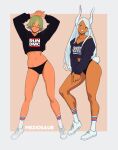  2girls alternate_costume animal_ears artist_name black_panties black_shirt blonde_hair boku_no_hero_academia border closed_eyes collarbone commentary crossover dark-skinned_female dark_skin english_commentary fire_emblem fire_emblem_heroes grin hair_between_eyes laegjarn_(fire_emblem) long_hair long_sleeves looking_at_viewer meziosaur midriff mirko multicolored_hair multiple_girls navel outside_border own_hands_together panties pink_background rabbit_ears rabbit_tail red_eyes shirt shoes short_hair simple_background smile sneakers socks tail thighs two-tone_hair underwear white_border white_hair white_sneakers 