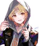  1boy absurdres blonde_hair brown_jacket candy clothes_writing commentary drawstring english_text food fuzichoco gradient_hair grey_hoodie highres holding holding_candy holding_food holding_lollipop hood hood_up hoodie jacket lapels lollipop looking_at_viewer male_focus multicolored_hair official_alternate_costume official_alternate_hairstyle open_mouth orange_eyes orange_hair parted_bangs project_sekai signature simple_background smile solo tenma_tsukasa upper_body white_background zozotown 