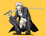  glasses grey_hair houndstooth jacket katana male_focus matsuryuu narukami_yuu open_clothes open_jacket over_shoulder persona persona_4 school_uniform simple_background solo squatting sword weapon yellow_background 