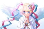  1girl blonde_hair blue_bow blue_eyes blue_hair blue_shirt blue_wings bow chouzetsusaikawa_tenshi-chan closed_mouth commentary_request feathered_wings hair_bow hand_up highres interlocked_fingers long_hair long_sleeves looking_at_viewer multicolored_hair needy_girl_overdose own_hands_together pink_bow pink_hair praying purple_bow quad_tails rodjiura_hikage sailor_collar shirt smile solo upper_body white_background wings yellow_bow 