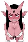  areola_slip areolae bandages black_hair blush borrowed_character breast_squeeze breasts cleavage cleavage_reach commentary_request demon_girl ear_piercing forehead_jewel full-face_blush hornpot horns large_breasts long_hair o-ring o-ring_top oni oni_horns original piercing pointer pointy_ears pov red_oni red_skin sharp_teeth slit_pupils solo teeth tsukudani_(coke-buta) 