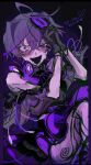  1girl abnormality_dancin&#039;_girl_(vocaloid) ahoge black_dress black_gloves blush crazy_eyes crazy_smile crossed_bangs dress flower_(vocaloid) gloves hair_ornament kuroume_(aihikarikuroume24) looking_at_viewer non-web_source off_shoulder own_hands_together purple_dress purple_eyes purple_hair purple_theme see-through short_hair smile sweat vocaloid 