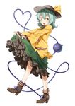  blush boots eyeball floral_print full_body green_hair hat hat_ribbon heart heart_of_string komeiji_koishi looking_at_viewer open_mouth ribbon short_hair simple_background skirt skirt_pull smile solo third_eye touhou white_background yellow_eyes yuuzii 