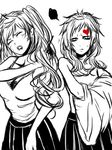  2girls artist_request breasts cleavage decomposition_f eyes_closed facial_mark female gaara genderswap heart long_hair multiple_girls naruko naruto simple_background sketch skirt twintails white_background 