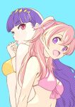  2girls back-to-back bikini blue_background blunt_bangs breasts closed_mouth commentary delicious_party_precure finger_to_mouth from_side front-tie_bikini_top front-tie_top hair_ornament halftone jj_(ssspulse) kasai_amane long_hair looking_at_viewer medium_breasts multiple_girls nagomi_yui navel open_mouth pink_bikini pink_eyes pink_hair precure purple_eyes purple_hair smile swimsuit two_side_up yellow_bikini 