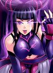  :p breasts drill_hair dudou glowing glowing_eye halter_top halterneck han_juri large_breasts looking_at_viewer megane_man short_hair smile solo street_fighter street_fighter_iv_(series) tongue tongue_out twin_drills 