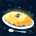  1other absurdres astronaut fish food food_focus helmet highres in_food kazunoko_(kazunoko_zunoco) lying mini_person moon omelet on_back original plate sky solo space space_helmet spacesuit star_(sky) starry_sky 