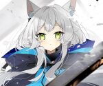  1girl animal_ear_fluff animal_ears arknights artist_name blush cat_ears cat_girl green_eyes itsuki_02 long_hair looking_at_viewer parted_lips rosmontis_(arknights) solo straight-on twitter_username white_hair 