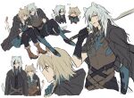  2boys absurdres animal_ears black_gloves blonde_hair blue_eyes blush boots cat_boy cat_ears cat_tail chibi cloak commentary_request eyepatch gloves grey_hair hair_between_eyes high_collar highres holding holding_sword holding_weapon hood hooded_cloak konoe_(lamento) lamento long_hair looking_at_another male_focus multiple_boys over_shoulder profile rai_(lamento) serious sitting sleeping smile sword tail toramaru_(696anna) tunic weapon weapon_over_shoulder white_background yaoi yellow_eyes 