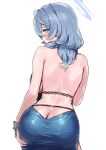  1girl absurdres ako_(blue_archive) ako_(dress)_(blue_archive) ass back backless_dress backless_outfit blue_archive blue_dress blue_eyes blue_hair butt_crack chochomi cuffs dress halo highres looking_at_viewer looking_back solo sweat white_background 