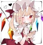  1girl ascot blonde_hair closed_mouth crystal crystal_wings flandre_scarlet gloves hat heart highres looking_at_viewer medium_hair mob_cap nacht_musik one_eye_closed puffy_short_sleeves puffy_sleeves red_eyes short_sleeves side_ponytail simple_background solo touhou upper_body white_background white_gloves wings 