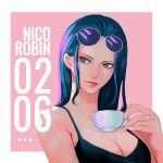  ... 1girl artist_name bare_shoulders black_hair blue_eyes character_name closed_mouth commentary_request cup eyewear_on_head holding holding_cup k164 long_hair nico_robin one_piece round_eyewear solo sunglasses teacup 