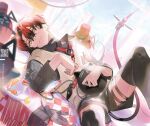  1boy black_choker black_shorts black_thighhighs cake choker creature food holostars holostars_english knee_up looking_at_viewer lying machina_x_flayon machina_x_flayon_(2nd_outfit) machiroon_(machina_x_flayon) male_focus mechanical_tail mixed-language_commentary official_art on_back r-trus_(machina_x_flayon) shokuen_(oxstl) shorts solo tail thighhighs virtual_youtuber yellow_eyes 