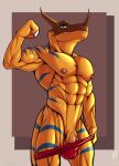 3_fingers abs anthro bandai_namco clothed clothing digimon digimon_(species) dinosaur fingers flexing flexing_bicep genitals greymon hi_res iudicium86 male nipples partially_clothed pecs penis reptile scalie solo stripes underwear underwear_down vein veiny_penis