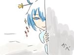  blue_eyes blue_hair comic hair_ornament hair_rings hair_stick kaku_seiga kongari_tokei peeking_out short_hair smile solo touhou translation_request 