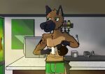 absurd_res ace_barker anthro beverage canid canine canis chez_(artist) clothing coffee domestic_dog german_shepherd herding_dog hi_res male mammal morning pastoral_dog pouch_(anatomy) solo tired tired_eyes underwear