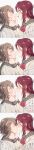  !? 2girls absurdres blue_eyes blush bow bowtie closed_mouth facing_another grey_hair grey_sailor_collar half_updo hands_on_another&#039;s_cheeks hands_on_another&#039;s_face highres imminent_kiss kiss long_hair looking_at_another love_live! love_live!_sunshine!! multiple_girls open_mouth red_bow red_bowtie red_hair sailor_collar sakurauchi_riko school_uniform short_hair sidelocks sleeve_cuffs speech_bubble spoken_interrobang tall_image translation_request trembling upper_body uranohoshi_school_uniform watanabe_you winter_uniform yellow_eyes yuchi_(salmon-1000) yuri 