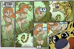 anthro black_nose boots breast_focus breasts caribbeangrim clothing comic detailed_background duo english_text eyelashes eyewear female footwear fur hair hi_res human human_focus lips male mammal marsupilami_(character) marsupilami_(series) number red_hair scout_(caribbeangrim) surprise tail text thick_lips thick_thighs tongue toony yellow_body yellow_fur