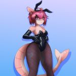 1:1 anthro breasts bunny_costume clothed clothing costume digital_media_(artwork) dutchsyndicalist fake_ears fake_rabbit_ears female fish gloves hair handwear hi_res latex legwear leotard looking_at_viewer marine markings non-mammal_breasts pink_body pink_eyes pink_hair shaded shark shrimp_(uk_brony) simple_background solo stockings stripes tail