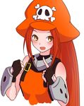  brown_eyes brown_hair fingerless_gloves gloves guilty_gear hat highres long_hair may_(guilty_gear) orange_hat orange_shirt otsumami_(otsu-mugi) pirate_hat ponytail shirt skull_and_crossbones sleeveless smile solo upper_body 