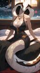 apode bed big_breasts black_body black_scales breasts draconcopode female furniture gold_accessory gown hi_res legless naga on_bed red_eyes reptile scales scalie serpentine snake solo white_body white_scales