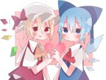  2girls ascot blonde_hair blue_dress blue_eyes blue_hair blush cirno crystal dress flandre_scarlet hat hat_ribbon heart highres medium_hair mob_cap multiple_girls nacht_musik open_mouth pointy_ears red_ascot red_dress red_eyes red_ribbon ribbon touhou upper_body wings yellow_ascot 