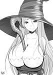  absurdres between_breasts breasts commentary_request crossed_arms dragon's_crown greyscale hat highres huge_breasts long_hair monochrome smile solo sorceress_(dragon's_crown) staff witch_hat yama-michi 