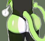 absurd_res ambiguous_gender anthro butt clothing generation_5_pokemon green_body hi_res legwear longassnout nintendo pokemon pokemon_(species) question_mark scalie serperior simple_background solo speech_bubble tail thigh_highs translucent white_body
