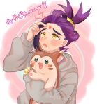  1boy black_hair blush commentary_request furret grey_jacket highres holding holding_pokemon hood hood_down hooded_jacket jacket kieran_(pokemon) long_sleeves looking_up male_focus mofumofuyarou mole mole_on_neck multicolored_hair open_mouth pokemon pokemon_(creature) pokemon_sv purple_hair red_shirt shirt tearing_up twitter_username two-tone_hair upper_body watermark yellow_eyes 