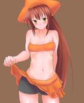 adapted_costume arm_behind_back bad_id bad_pixiv_id bandeau bare_shoulders bike_shorts blush breasts brown_eyes brown_hair guilty_gear hat highres long_hair may_(guilty_gear) midriff navel orange_hat otsumami_(otsu-mugi) shorts shorts_under_skirt skirt skirt_lift small_breasts smile solo standing strapless underboob very_long_hair wide_hips 