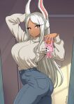  1girl absurdres animal_ears arm_behind_head ass boku_no_hero_academia breasts cellphone dark-skinned_female dark_skin high-waist_pants highres holding holding_phone large_breasts long_eyelashes long_hair looking_at_viewer mirko mirror pants parted_bangs phone rabbit_ears rabbit_girl rabbit_tail red_eyes selfie smartphone solo sweater sweater_tucked_in tail theoiledone turtleneck turtleneck_sweater twisted_torso twitter_username very_long_hair white_hair white_sweater 