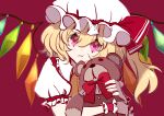  1girl absurdres ascot blonde_hair closed_mouth collared_shirt crystal flandre_scarlet frilled_ascot frilled_shirt_collar frilled_sleeves frills hat hat_ribbon head_tilt highres holding holding_stuffed_toy long_hair looking_at_viewer mob_cap multicolored_wings one_side_up pout puffy_short_sleeves puffy_sleeves red_background red_eyes red_ribbon ribbon shirt shocho_(shaojiujiu) short_sleeves simple_background sleeve_ribbon solo stuffed_animal stuffed_toy teddy_bear touhou upper_body white_headwear white_shirt wings wrist_cuffs yellow_ascot 