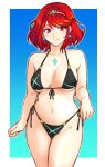  1girl absurdres adapted_costume bikini black_bikini blue_background blush border breasts chest_jewel collarbone earrings front-tie_bikini_top front-tie_top gradient_background groin highres jewelry large_breasts looking_at_viewer navel pyra_(xenoblade) red_eyes red_hair short_hair side-tie_bikini_bottom smile solo swept_bangs swimsuit tiara tridisart white_border xenoblade_chronicles_(series) xenoblade_chronicles_2 