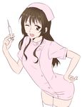  alternate_costume ashigara_(kantai_collection) bad_id bad_pixiv_id brown_eyes brown_hair dress hands_on_hips hat kantai_collection long_hair looking_at_viewer nurse nurse_cap one_eye_closed open_mouth pink_dress smile solo syringe thighhighs udon_(shiratama) white_legwear 