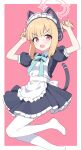  1girl animal_ear_headphones animal_ears apron black_dress blonde_hair blue_archive blush cat_tail dress fake_animal_ears frilled_apron frilled_dress frills halo headphones highres looking_at_viewer maid maid_apron maid_headdress millet_pepper momoi_(blue_archive) momoi_(maid)_(blue_archive) official_alternate_costume open_mouth pink_halo puffy_short_sleeves puffy_sleeves red_eyes short_hair short_sleeves smile solo tail thighhighs white_apron white_thighhighs 