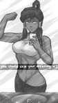 avatar_(series) bathroom blush breasts cellphone crop_top english fake_screenshot flexing greyscale hair_tubes high_ponytail highres iahfy korra large_breasts long_hair mirror monochrome naughty_face navel pants_pull phone phone_screen pose reflection self_shot signature sleeveless smartphone snapchat solo the_legend_of_korra toned 