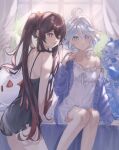  2girls ;p ahoge aroha252538 bare_back bare_shoulders black_dress blue_eyes blue_jacket boo_tao_(genshin_impact) brown_hair commentary cowboy_shot dress feet_out_of_frame furina_(genshin_impact) genshin_impact grey_hair highres hu_tao_(genshin_impact) indoors jacket long_hair long_sleeves looking_at_viewer multiple_girls no_headwear one_eye_closed open_clothes open_jacket red_eyes short_dress sitting spaghetti_strap standing strap_slip thighs tongue tongue_out twintails very_long_hair white_dress 